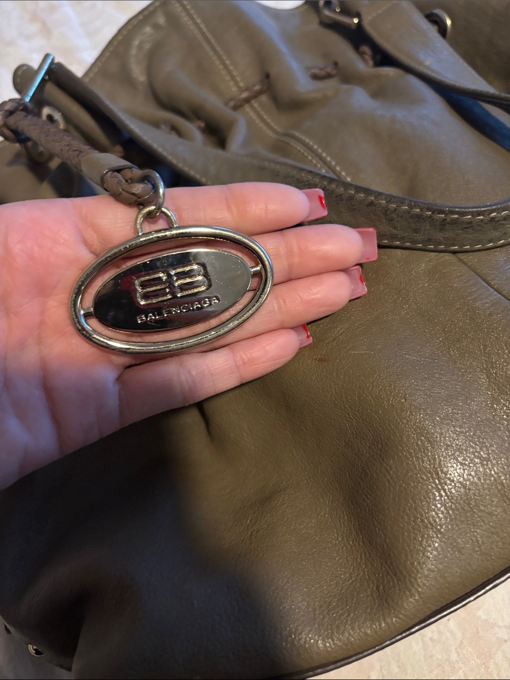 Balenciaga Olive Green Leather Shoulder Bag with Logo Charm